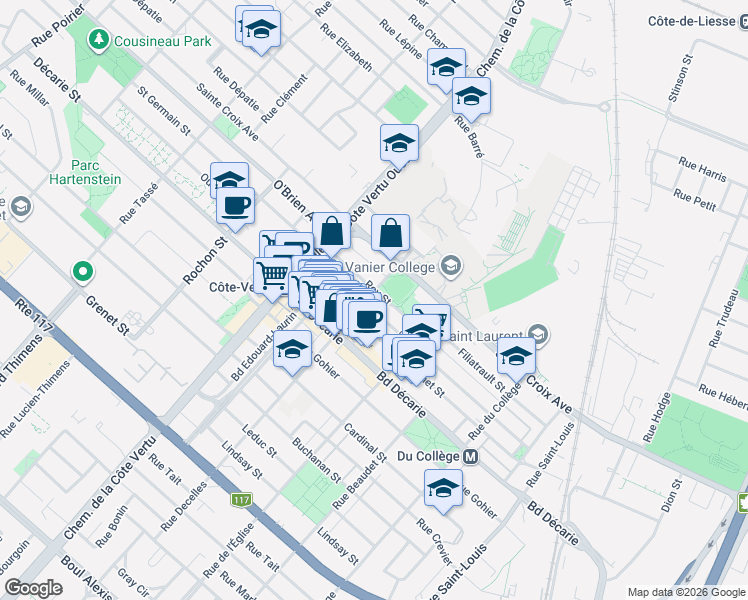 map of restaurants, bars, coffee shops, grocery stores, and more near 1392 Rue Decelles in Montréal