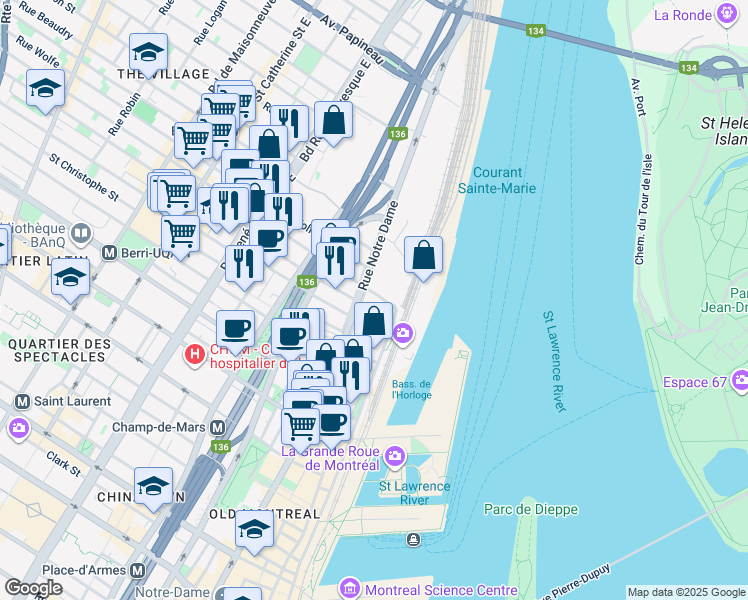 map of restaurants, bars, coffee shops, grocery stores, and more near 1025 Rue de la Commune Est in Montréal