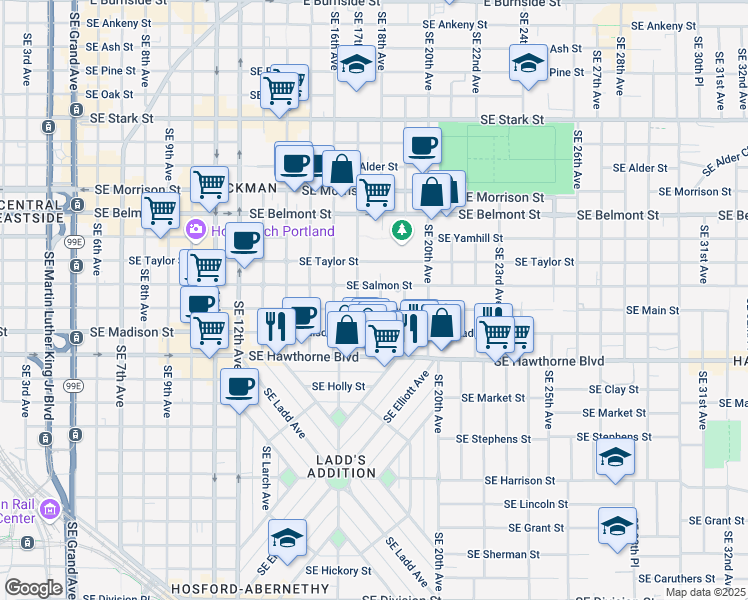 map of restaurants, bars, coffee shops, grocery stores, and more near 1807 Southeast Salmon Street in Portland