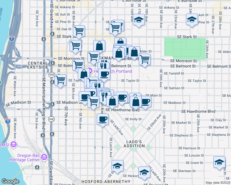 map of restaurants, bars, coffee shops, grocery stores, and more near 1325 Southeast Salmon Street in Portland