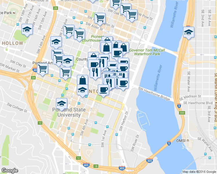 map of restaurants, bars, coffee shops, grocery stores, and more near 615 Southwest Harrison Street in Portland