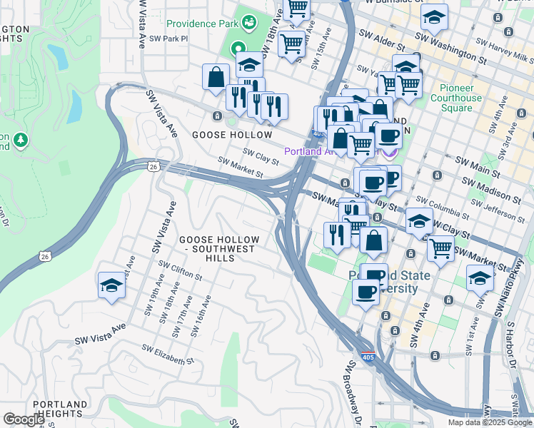 map of restaurants, bars, coffee shops, grocery stores, and more near 1449 Southwest Montgomery Street in Portland