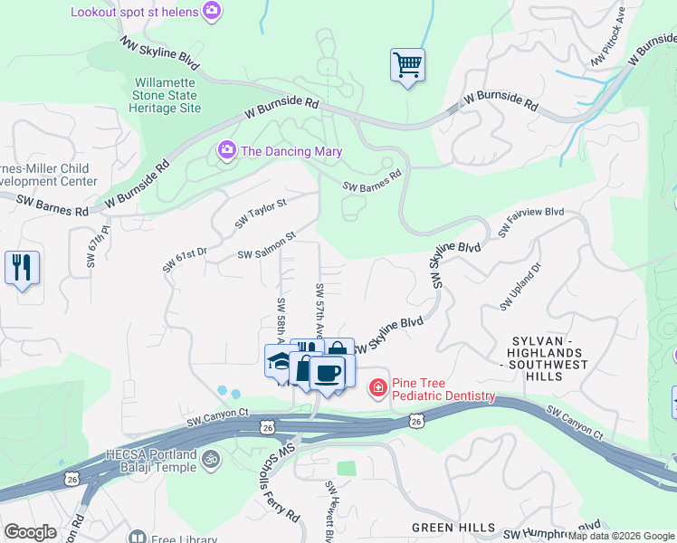 map of restaurants, bars, coffee shops, grocery stores, and more near 1132 Southwest 57th Avenue in Portland