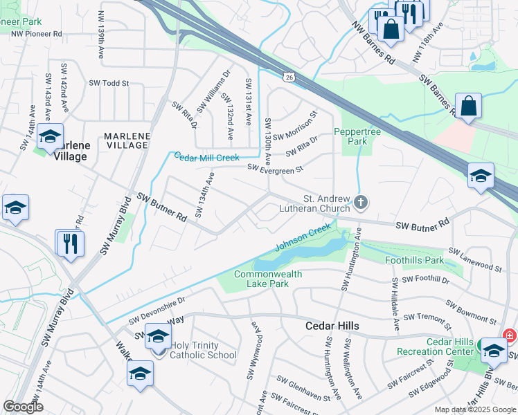 map of restaurants, bars, coffee shops, grocery stores, and more near 13041 Southwest Butner Road in Beaverton