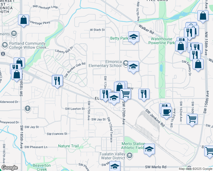 map of restaurants, bars, coffee shops, grocery stores, and more near 17291 Southwest Artesian Lane in Beaverton