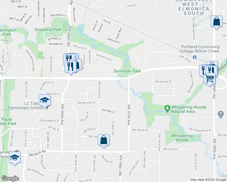 map of restaurants, bars, coffee shops, grocery stores, and more near 704 Southwest 201st Avenue in Aloha