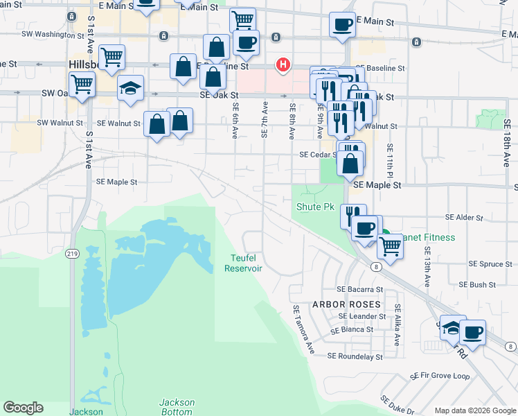 map of restaurants, bars, coffee shops, grocery stores, and more near 734 Southeast 7th Avenue in Hillsboro