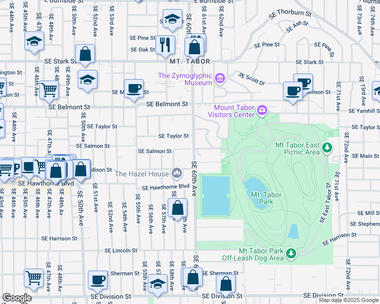 map of restaurants, bars, coffee shops, grocery stores, and more near 5900 Southeast Salmon Street in Portland