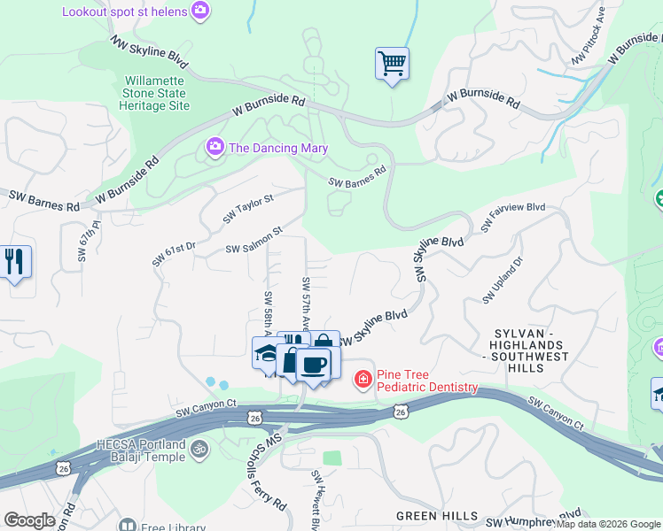 map of restaurants, bars, coffee shops, grocery stores, and more near 1234 Southwest 57th Avenue in Portland