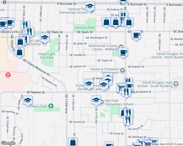 map of restaurants, bars, coffee shops, grocery stores, and more near 11602 Southeast Main Street in Portland