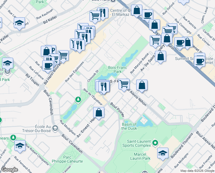 map of restaurants, bars, coffee shops, grocery stores, and more near 2455 Rue des Nations in Montreal