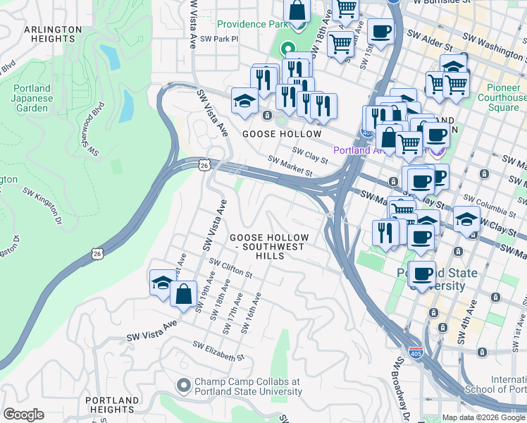 map of restaurants, bars, coffee shops, grocery stores, and more near 1828 Southwest 18th Avenue in Portland