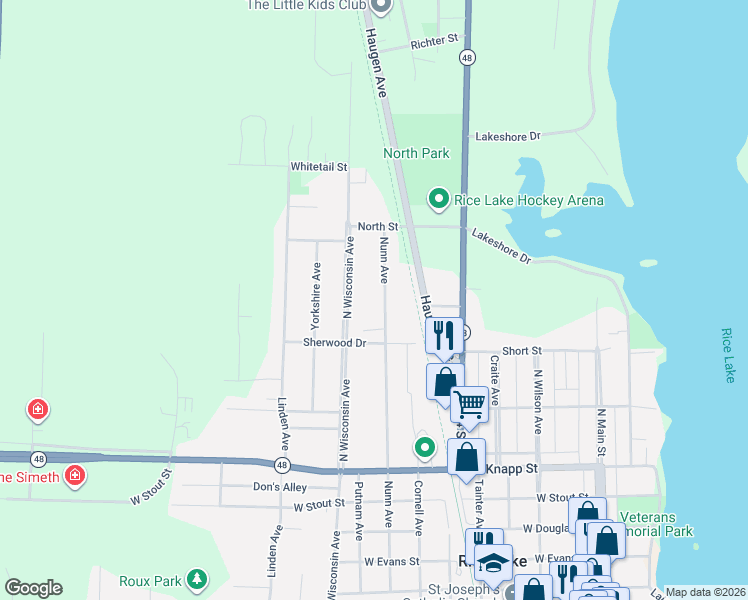 map of restaurants, bars, coffee shops, grocery stores, and more near 1046 Nunn Avenue in Rice Lake
