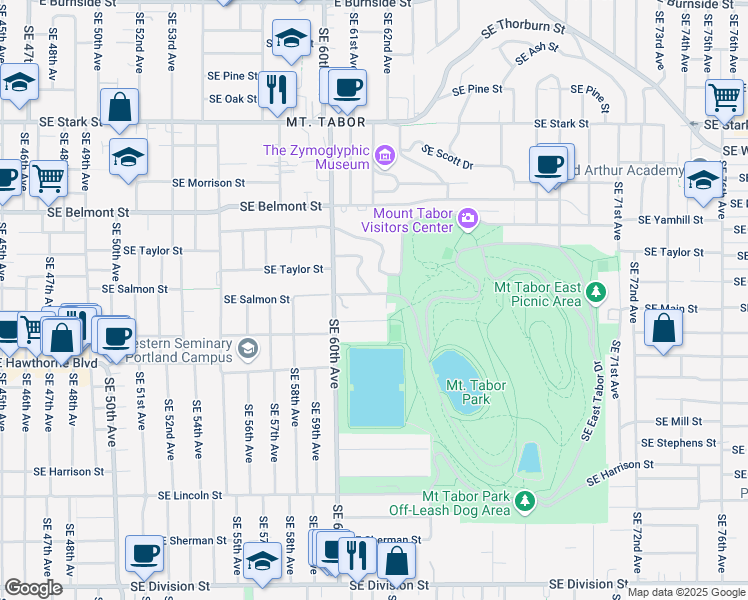 map of restaurants, bars, coffee shops, grocery stores, and more near 6200 Southeast Salmon Street in Portland