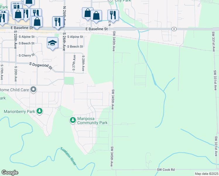 map of restaurants, bars, coffee shops, grocery stores, and more near 865 Southwest 345th Avenue in Hillsboro