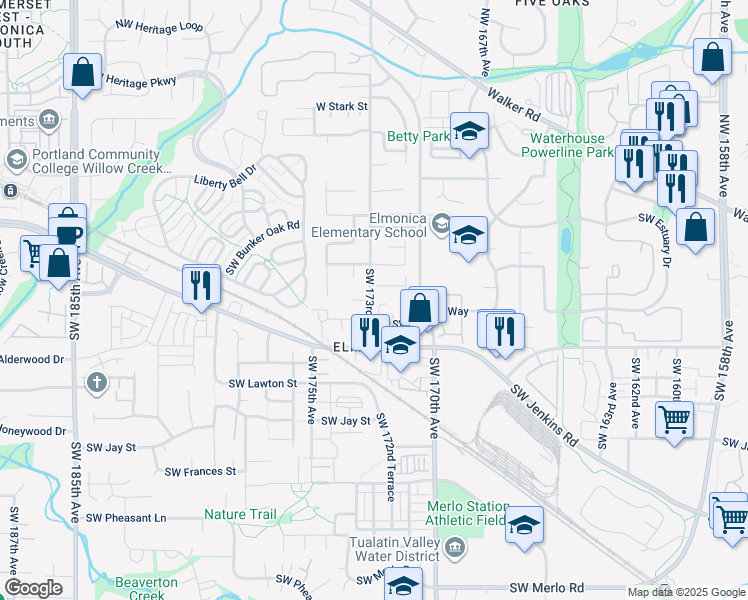 map of restaurants, bars, coffee shops, grocery stores, and more near 17291 Southwest Artesian Lane in Beaverton