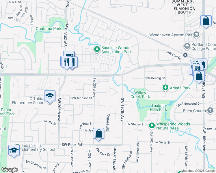 map of restaurants, bars, coffee shops, grocery stores, and more near 704 Southwest 201st Avenue in Aloha