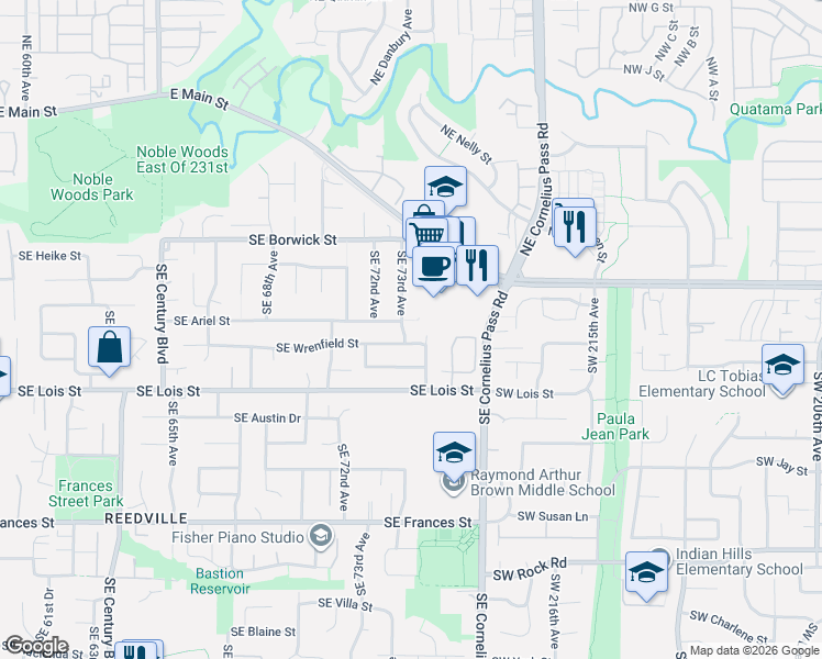map of restaurants, bars, coffee shops, grocery stores, and more near 806 Southeast 73rd Avenue in Hillsboro