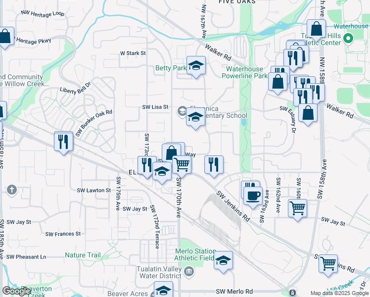 map of restaurants, bars, coffee shops, grocery stores, and more near 16948 Southwest Cashew Way in Beaverton