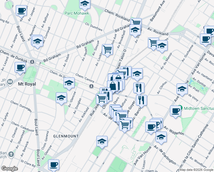 map of restaurants, bars, coffee shops, grocery stores, and more near 4725 Chemin Canora in Montréal
