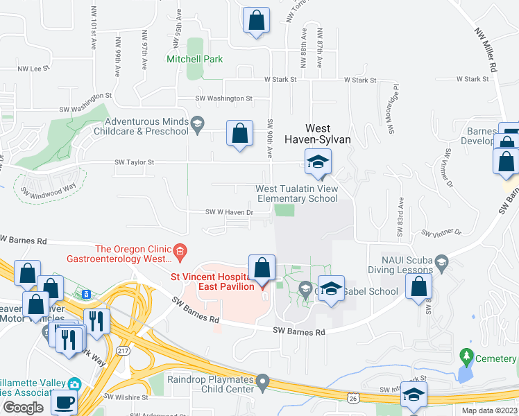 map of restaurants, bars, coffee shops, grocery stores, and more near 9043 Southwest West Haven Drive in Portland
