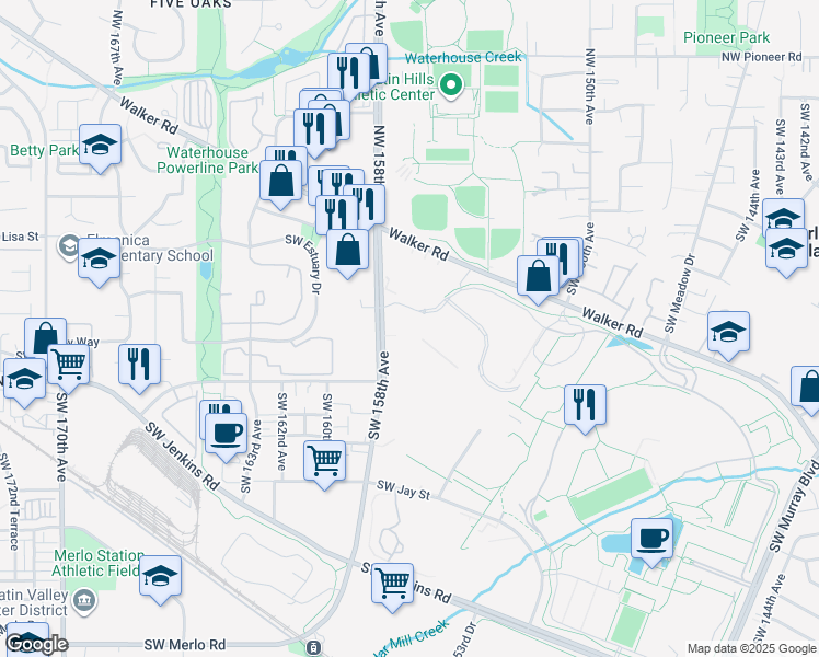 map of restaurants, bars, coffee shops, grocery stores, and more near 15700 Southwest Greystone Court in Beaverton