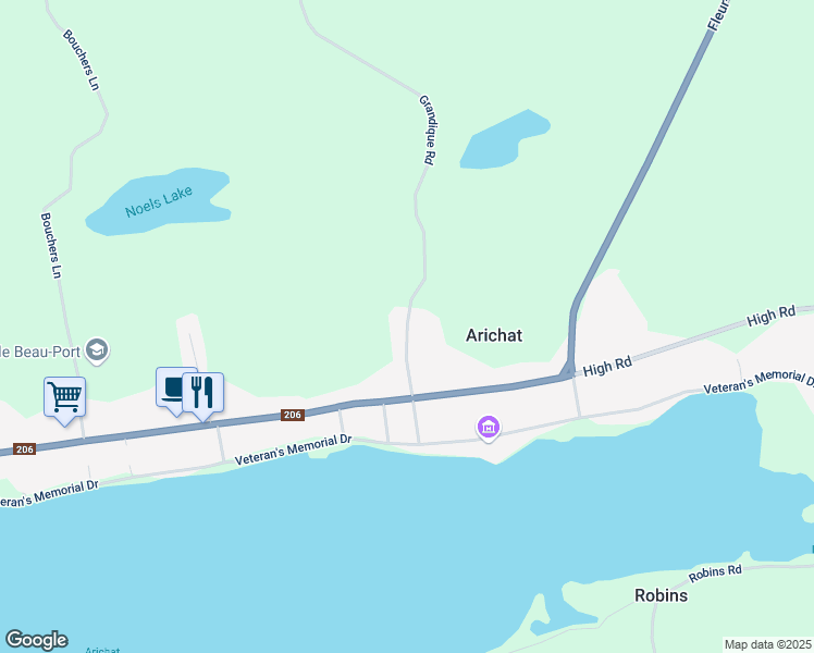map of restaurants, bars, coffee shops, grocery stores, and more near Lennox Ferry Road in Arichat