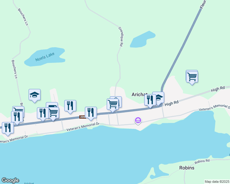map of restaurants, bars, coffee shops, grocery stores, and more near Lennox Ferry Road in Arichat