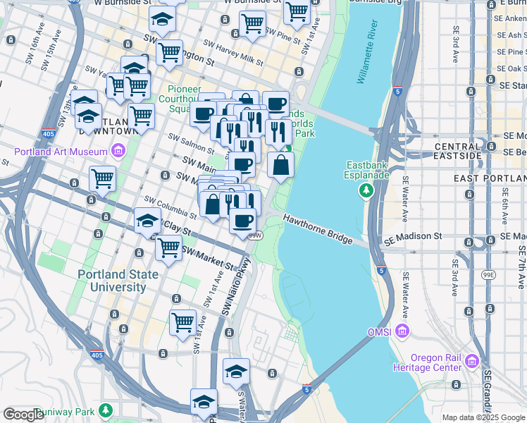 map of restaurants, bars, coffee shops, grocery stores, and more near 1201 Southwest Naito Parkway in Portland