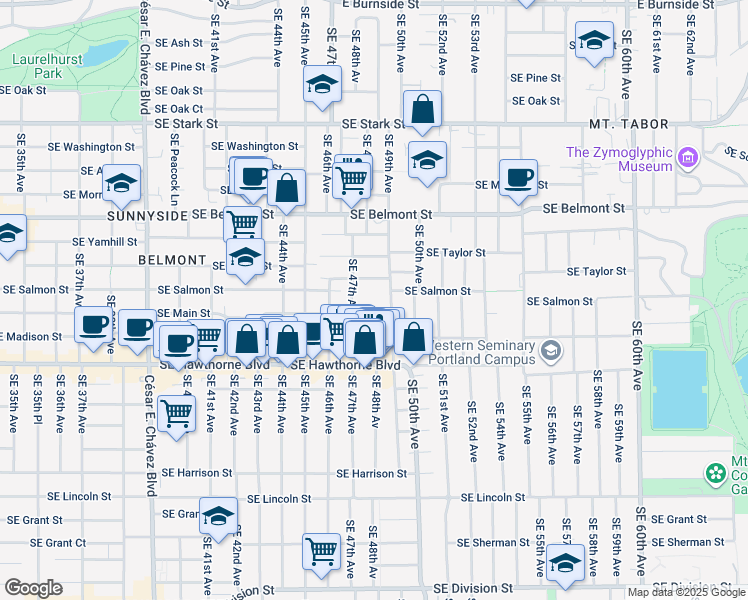 map of restaurants, bars, coffee shops, grocery stores, and more near 4822 Southeast Salmon Street in Portland