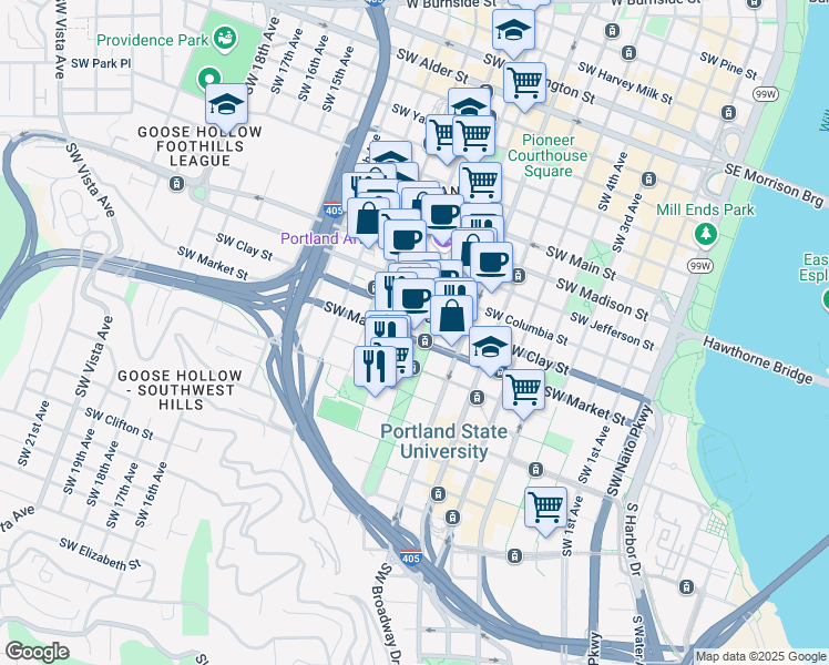 map of restaurants, bars, coffee shops, grocery stores, and more near in Portland