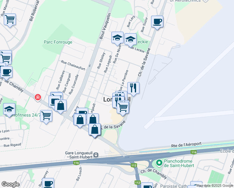 map of restaurants, bars, coffee shops, grocery stores, and more near 4220 Rue La Perrière in Longueuil