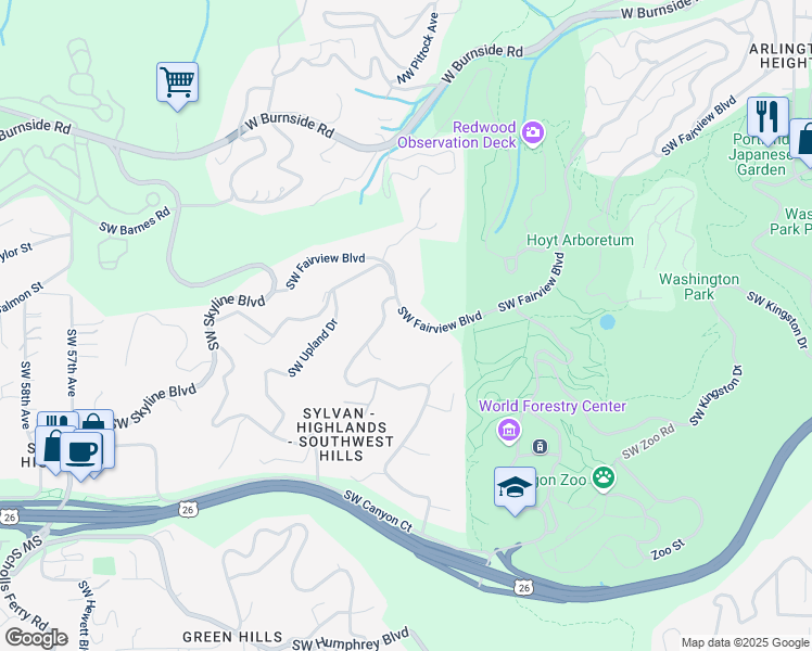 map of restaurants, bars, coffee shops, grocery stores, and more near 4300 Southwest Fairview Boulevard in Portland