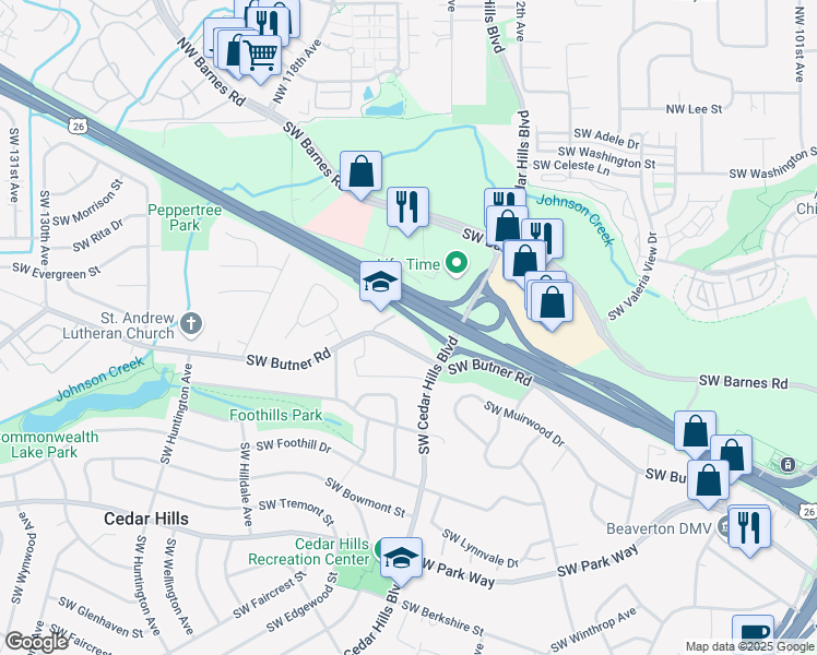 map of restaurants, bars, coffee shops, grocery stores, and more near 11595 Southwest Butner Road in Portland