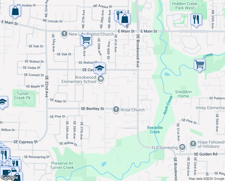 map of restaurants, bars, coffee shops, grocery stores, and more near 4087 Southeast Spring Street in Hillsboro