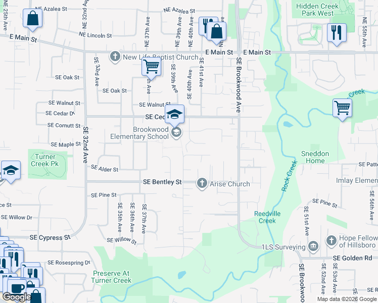 map of restaurants, bars, coffee shops, grocery stores, and more near 4043 Southeast Spring Street in Hillsboro
