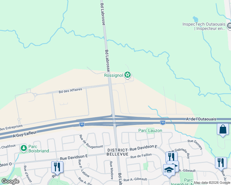map of restaurants, bars, coffee shops, grocery stores, and more near 470 Boulevard des Affaires in Gatineau