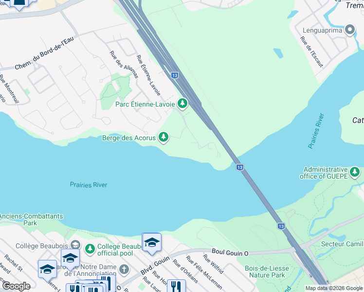 map of restaurants, bars, coffee shops, grocery stores, and more near 255 Rue Étienne-Lavoie in Laval