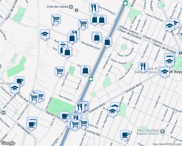 map of restaurants, bars, coffee shops, grocery stores, and more near 2900 Chemin de la Côte de Liesse in Montréal