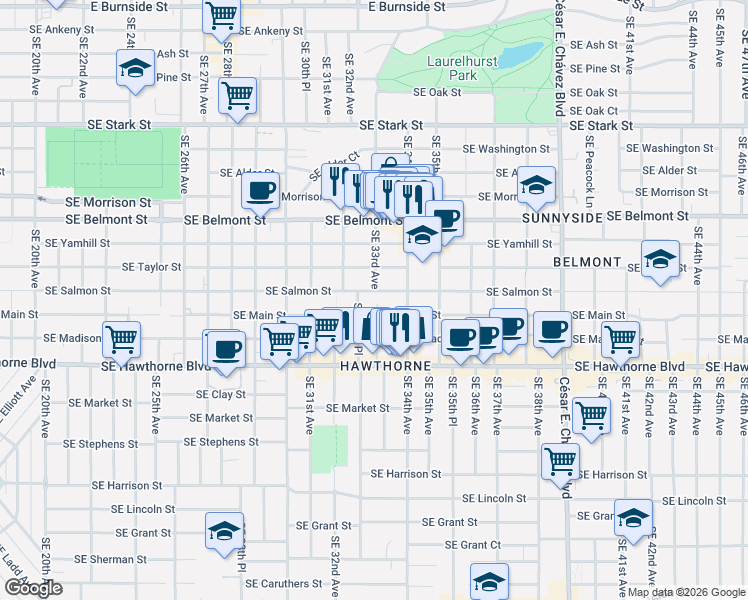 map of restaurants, bars, coffee shops, grocery stores, and more near 1126 Southeast 33rd Avenue in Portland