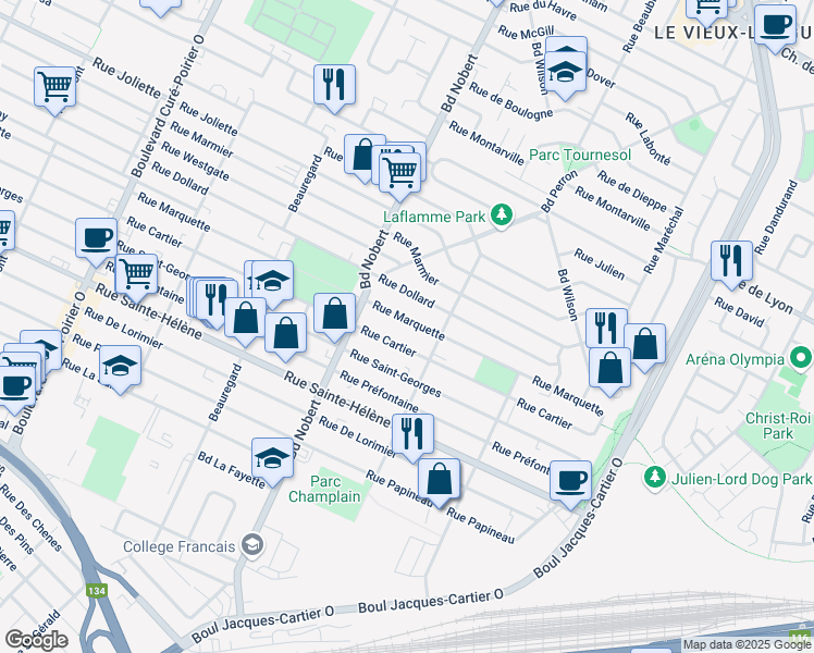 map of restaurants, bars, coffee shops, grocery stores, and more near 2426 Rue Marquette in Longueuil