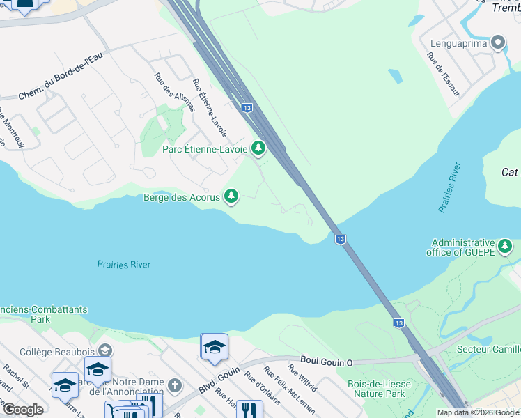 map of restaurants, bars, coffee shops, grocery stores, and more near 255 Rue Étienne-Lavoie in Laval