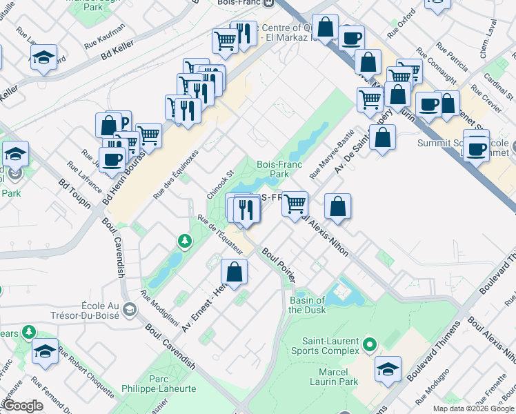 map of restaurants, bars, coffee shops, grocery stores, and more near 2435 Rue des Nations in Montréal