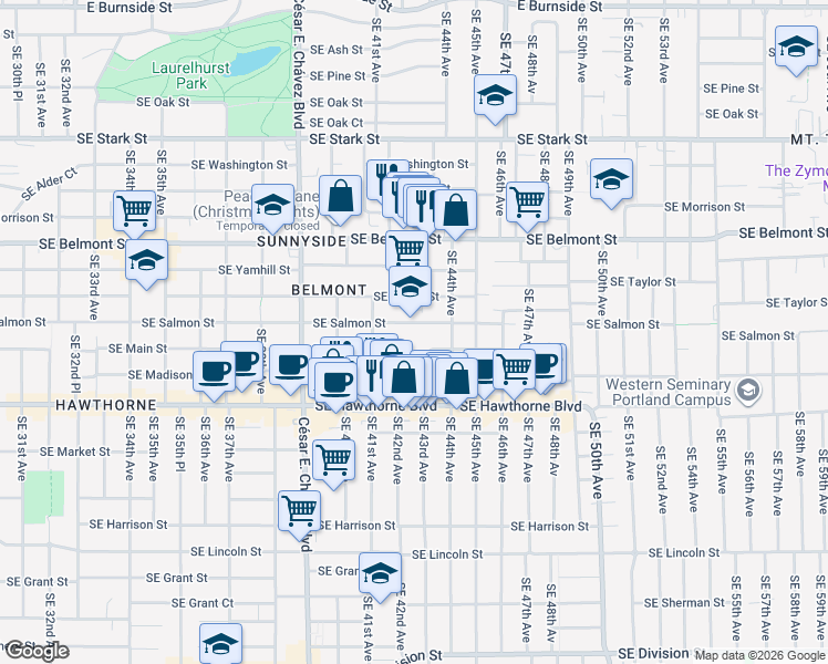 map of restaurants, bars, coffee shops, grocery stores, and more near 4236 Southeast Salmon Street in Portland