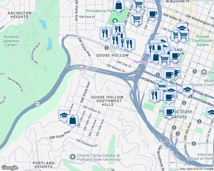 map of restaurants, bars, coffee shops, grocery stores, and more near 1828 Southwest 18th Avenue in Portland