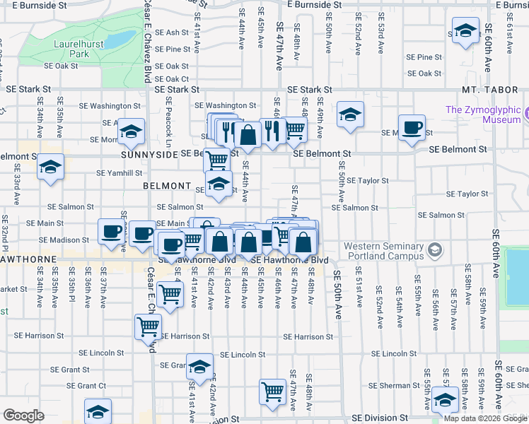 map of restaurants, bars, coffee shops, grocery stores, and more near 1134 Southeast 45th Avenue in Portland