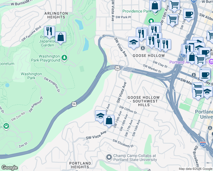 map of restaurants, bars, coffee shops, grocery stores, and more near 1863 Southwest Montgomery Place in Portland