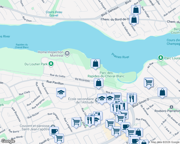 map of restaurants, bars, coffee shops, grocery stores, and more near 5220 Boulevard des Sources in Montrã©Al
