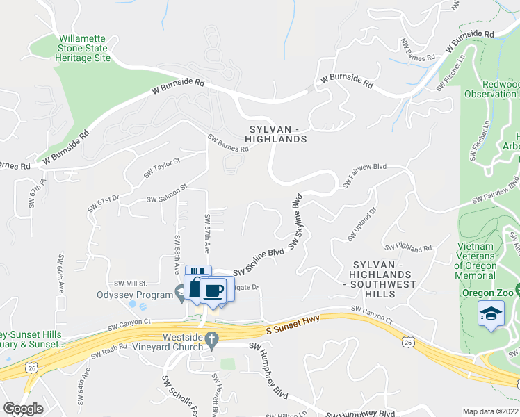 map of restaurants, bars, coffee shops, grocery stores, and more near 5312 Southwest Burton Drive in Portland