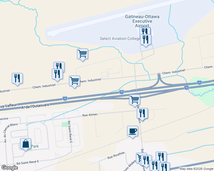 map of restaurants, bars, coffee shops, grocery stores, and more near 324A Chemin Industriel in Gatineau